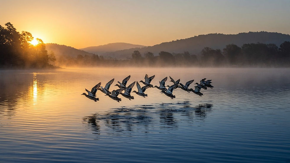 Waterfowl taking off from a calm lake at sunrise