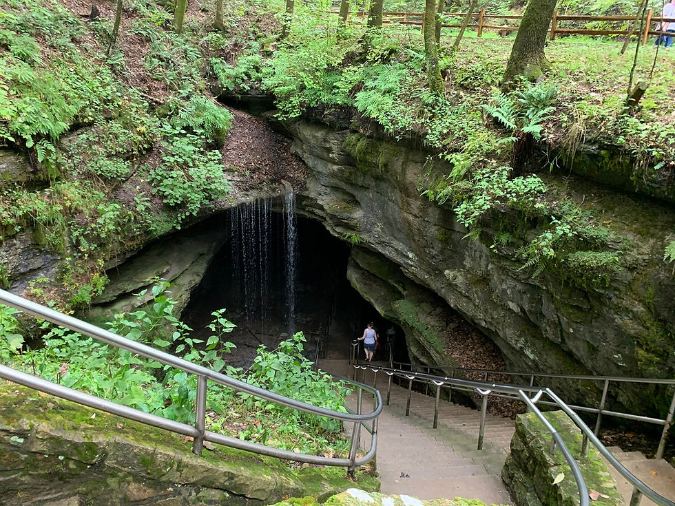 Stone steps and railings descend into Mammoth Cave’s Historic Entrance.