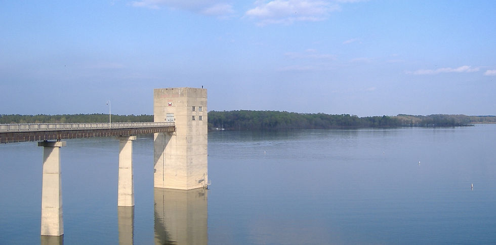 Barren River Lake dam intake tower and bridge above the water