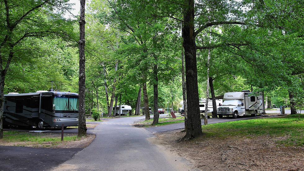Motorhomes beside an access road at Gulpha Gorge Campground in Arkansas