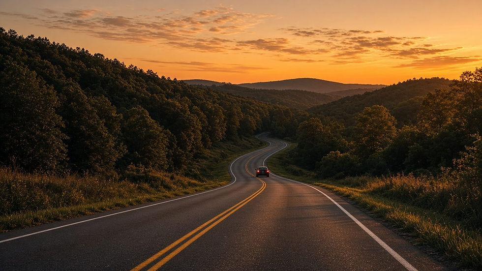 Winding country road through wooded hills at sunset