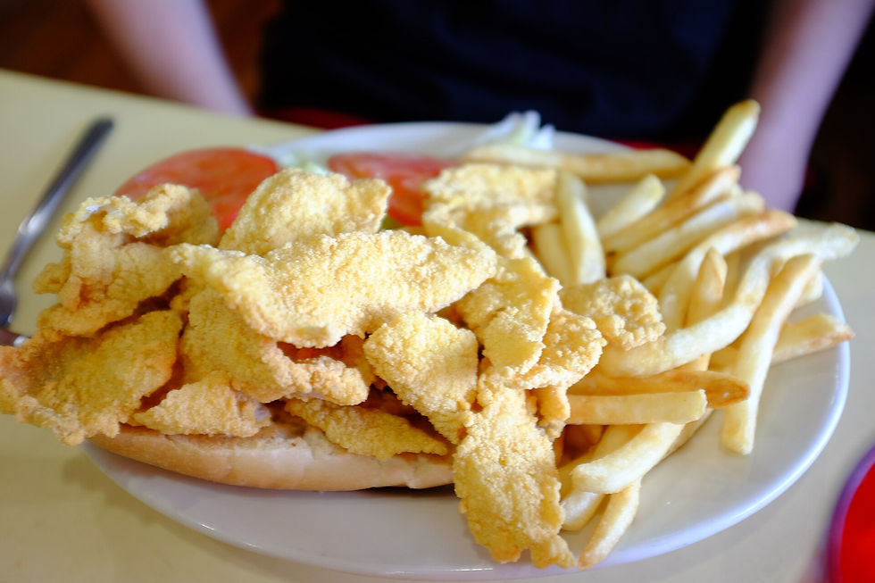 Plate of fried catfish fillets with french fries, a Southern favorite