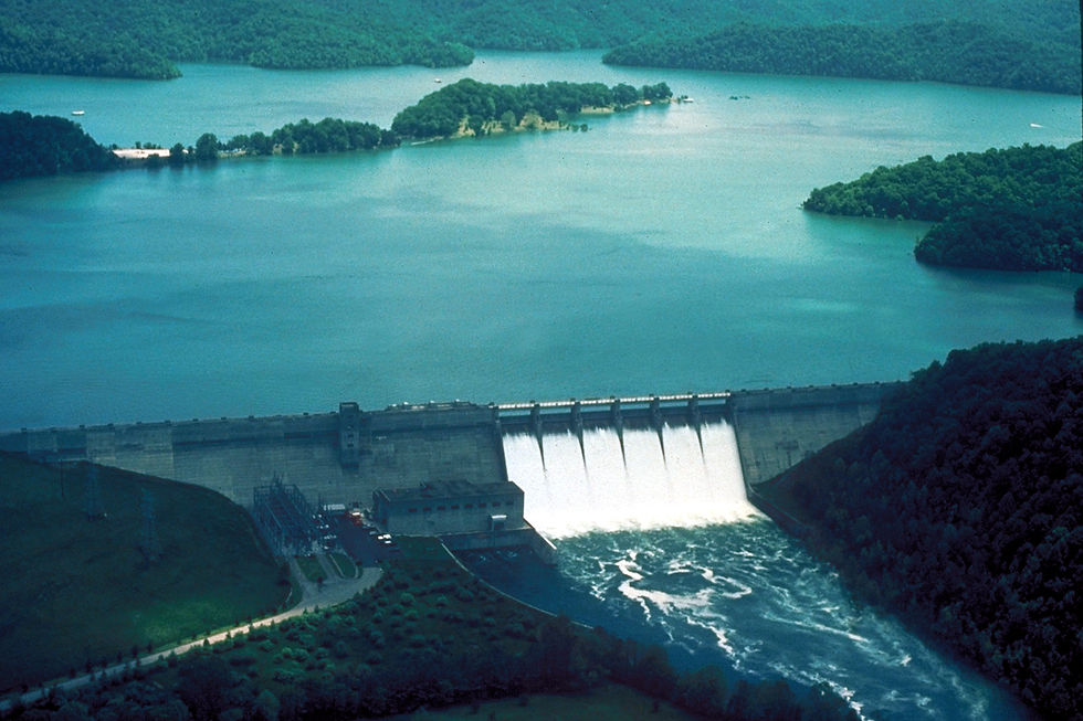 Aerial view of Dale Hollow Dam and the lake near Celina, Tennessee.