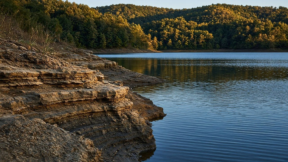 Rock shoreline with visible high-water lines above a calm lake