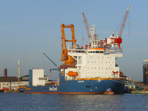 Aeolus offshore wind installation vessel at Lloyd shipyard in Bremerhaven in March 2014, before its movable legs were installed.