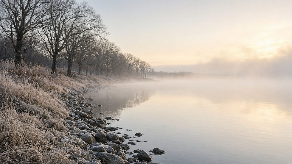 Frosty lakeshore with bare trees and morning mist in winter