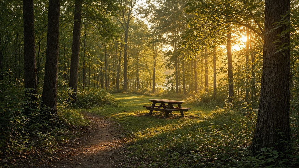 A quiet wooded path and picnic clearing in golden light