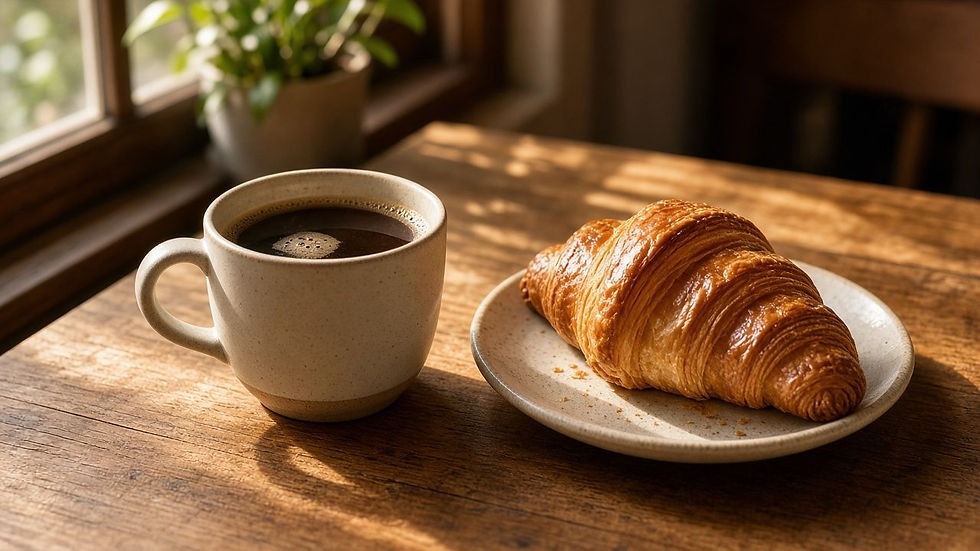 A coffee and pastry on a cafe table by a sunny window