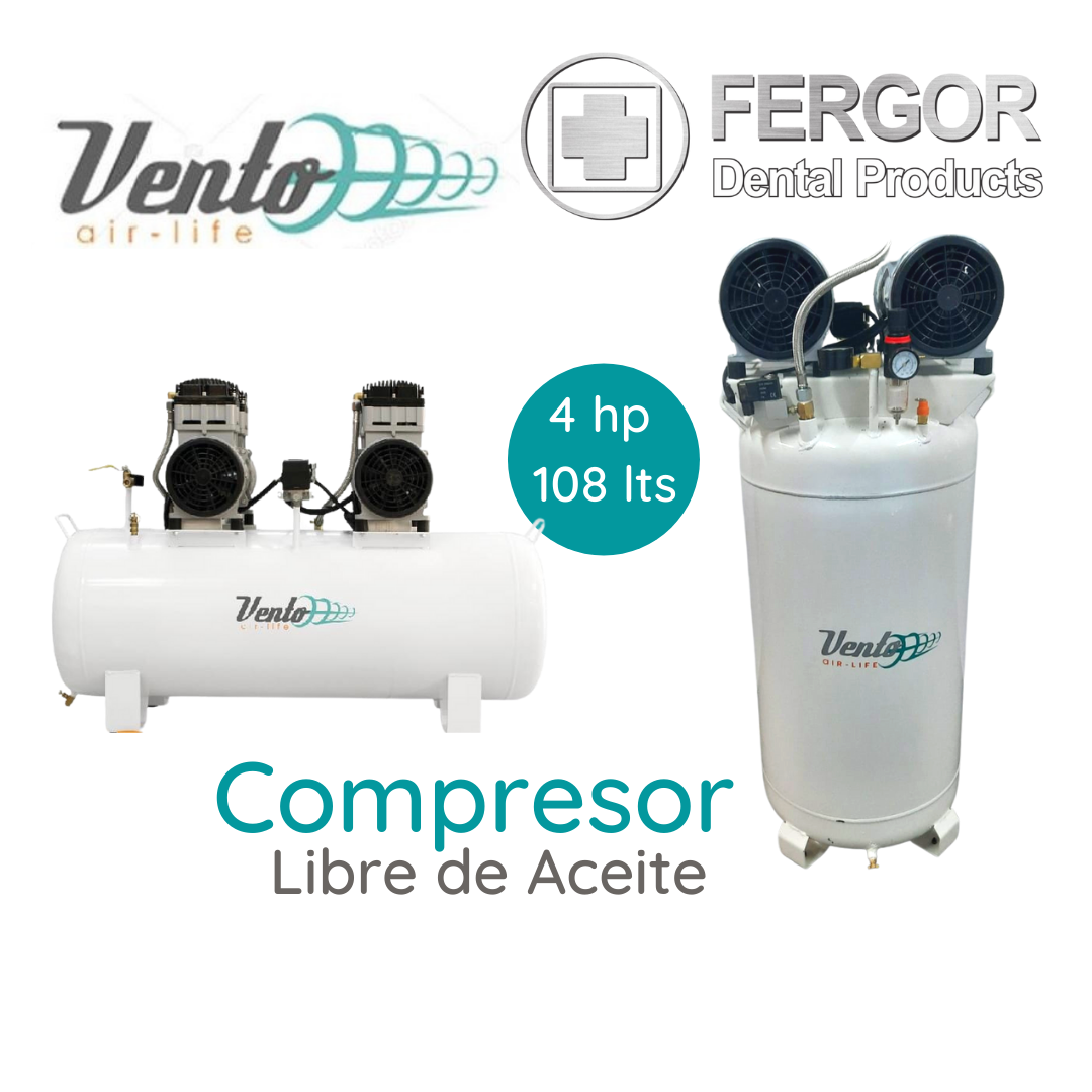 COMPRESOR DENTAL LIBRE DE ACEITE 4HP 108LTS VENTO AIR-LIFE