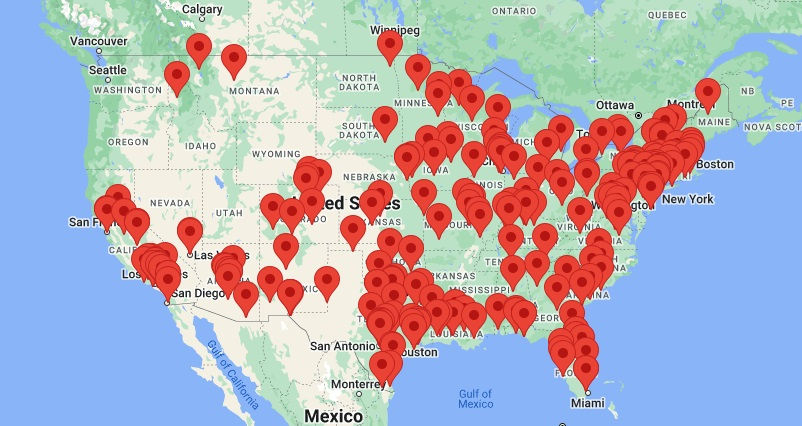 US map with red pins