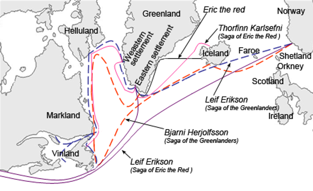 Líklegar siglingaleiðir Eiríks rauða og fleiri kappa sem nefndir eru í Eiríks sögu og Grænlendinga sögu. Kortið fengum við héðan.