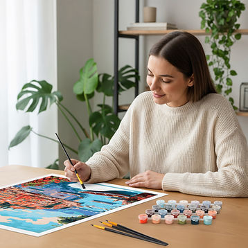 Paint by numbers kit in use – person painting artwork at home