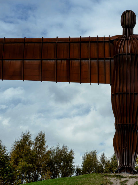 The picture is of a shot of half of the Angel of the North with a blue sky in the background and thin white cloud.