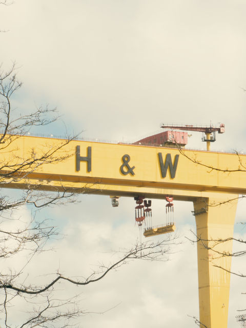 This image shows the Samson and Goliath cranes, focusing on the H & W letters present on the twin shipbuilding gantry cranes.
