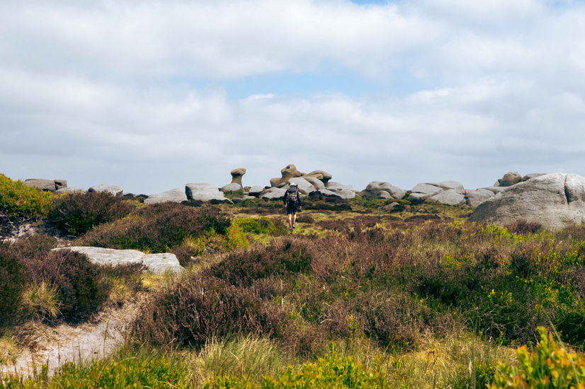 The image shows a hiker walking towards the Bleaklow Stones with a wide open field of heather in the foreground and a blue sky with cloud above.
