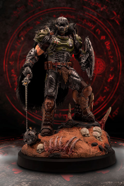 The Collector’s Bundle of DOOM: The Dark Ages features a 12” DOOM Slayer statue with Shield Saw and detachable Super Shotgun, flail and faux fur cape.