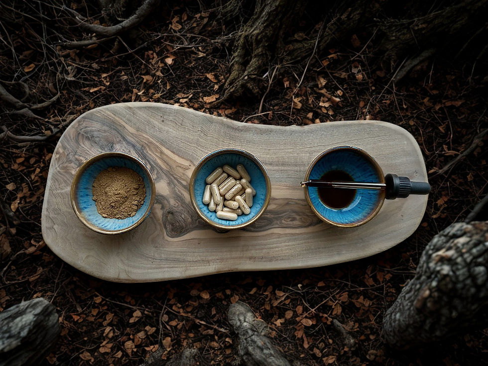 Holzbrett auf dem Waldboden. Auf dem Holzbrett stehen 3 Schälchen: 1. Schale mit Vitalpilz Pulver drin, 2. Schale mit Vitalpilz Kapseln drin, 3. Schale mit Vitalpilz-Flüssigextrakt und Pipette