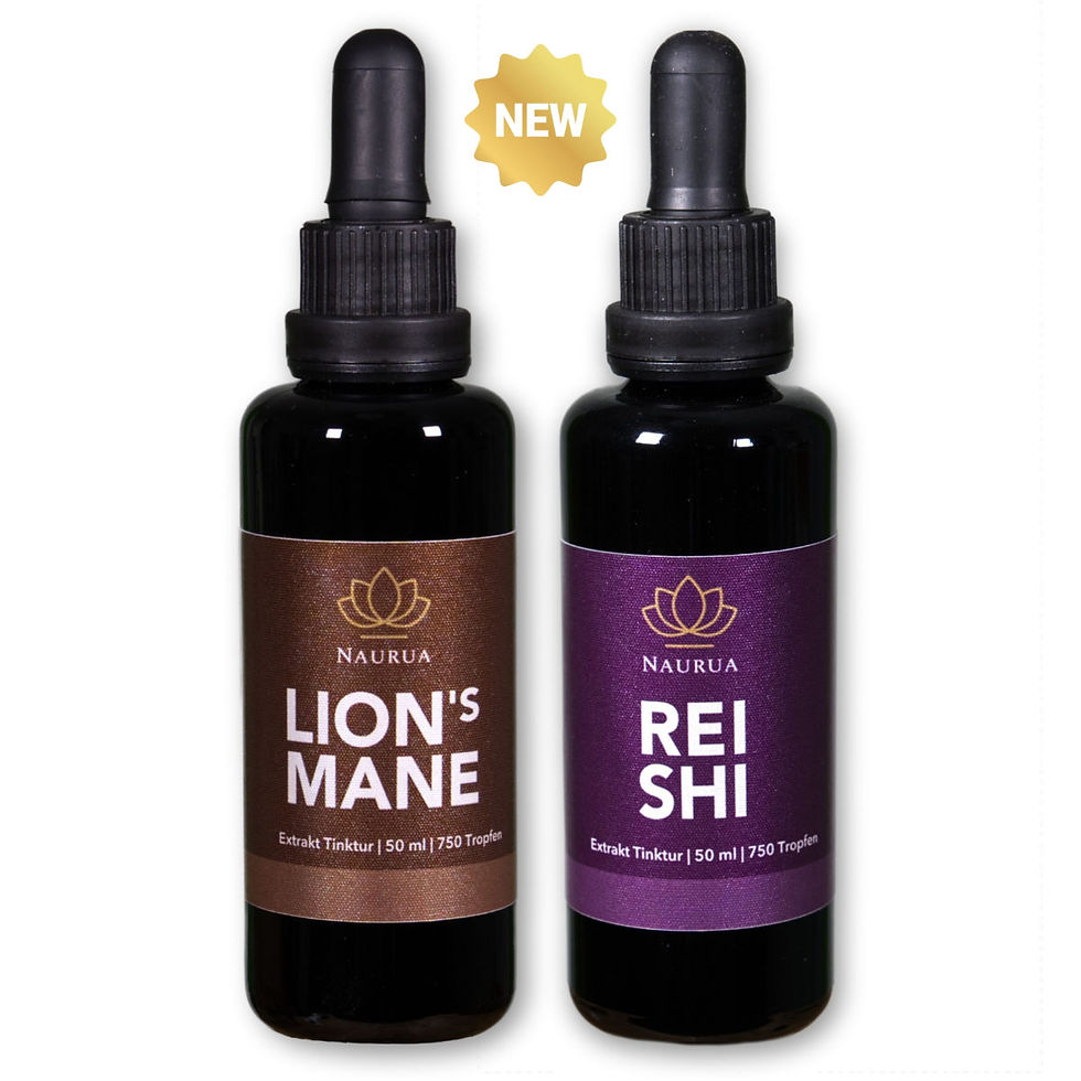 2 Flaschen mit Neu Label: 1x Lion's Mane, 1x Reishi - je 50ml auf weissem Hintergrund