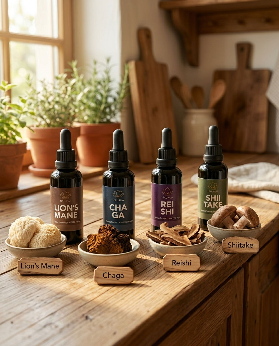 Miniaturbild: Ganzes Naurua Sortiment mit 4 Flaschen im Wald auf Holzstrunk: Lion's Mane, Chaga, Reishi und Shiitake mit frischen Vitalpilz