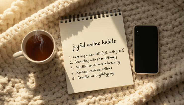 Overhead view of a notebook beside a phone with a handwritten list of joyful online habits.