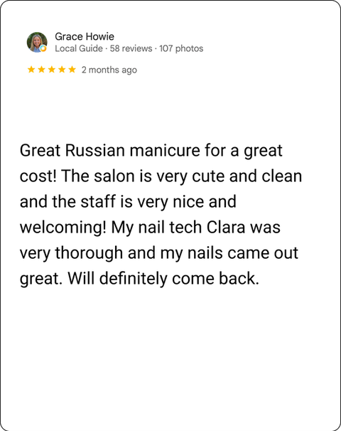 Grace Howie's 5-star Google review for nail salon