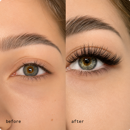 Before and after eyelash extensions application comparison.