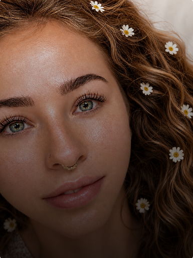 Woman with curly hair and daisies at a Seattle nail salon