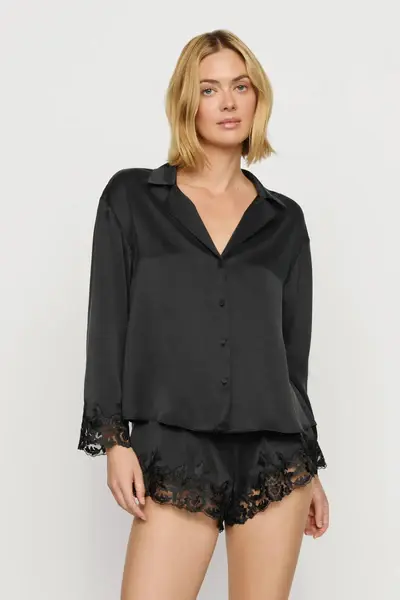 Thumbnail: Washable Silk with Lace Embroidery Long Sleeve Top & Short PJ Set