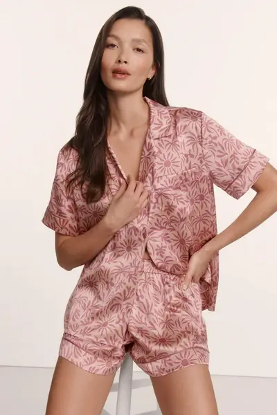 Thumbnail: Eberjey x ILIA - Inez Washable Silk Printed Short PJ Set Mesa Rose