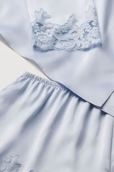Thumbnail: Washable Silk with Lace Embroidery Long Sleeve Top & Short PJ Set
