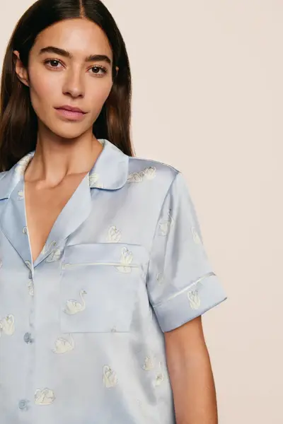 Thumbnail: Inez Washable Silk Printed Short PJ Set Large Swans Ice Blue/Ivory