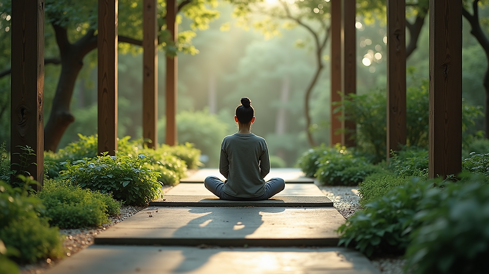 Eye-level view of a serene meditation space surrounded by greenery