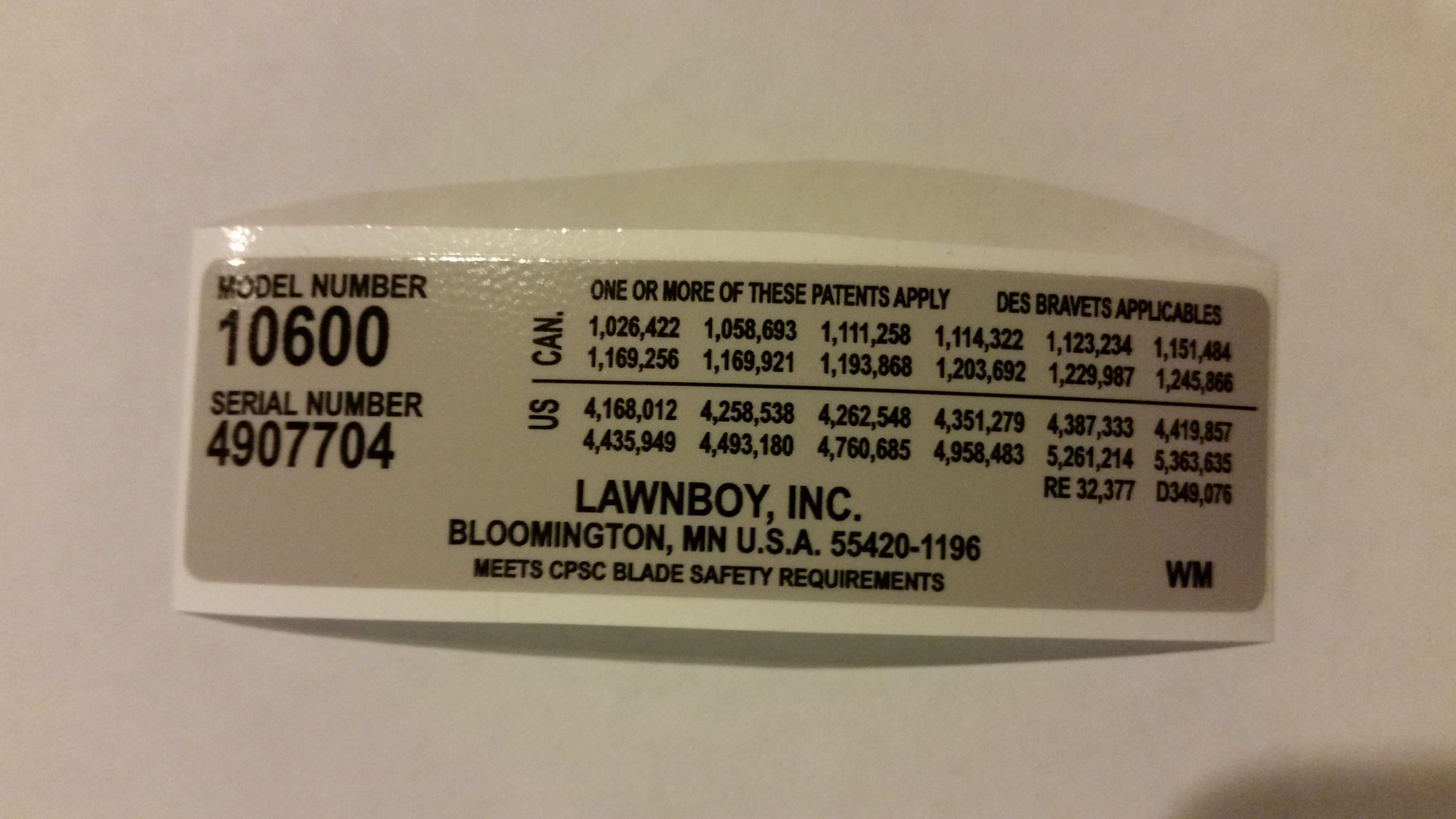 LAWN-BOY 10600 MODEL SERIAL REPLACEMENT DECAL