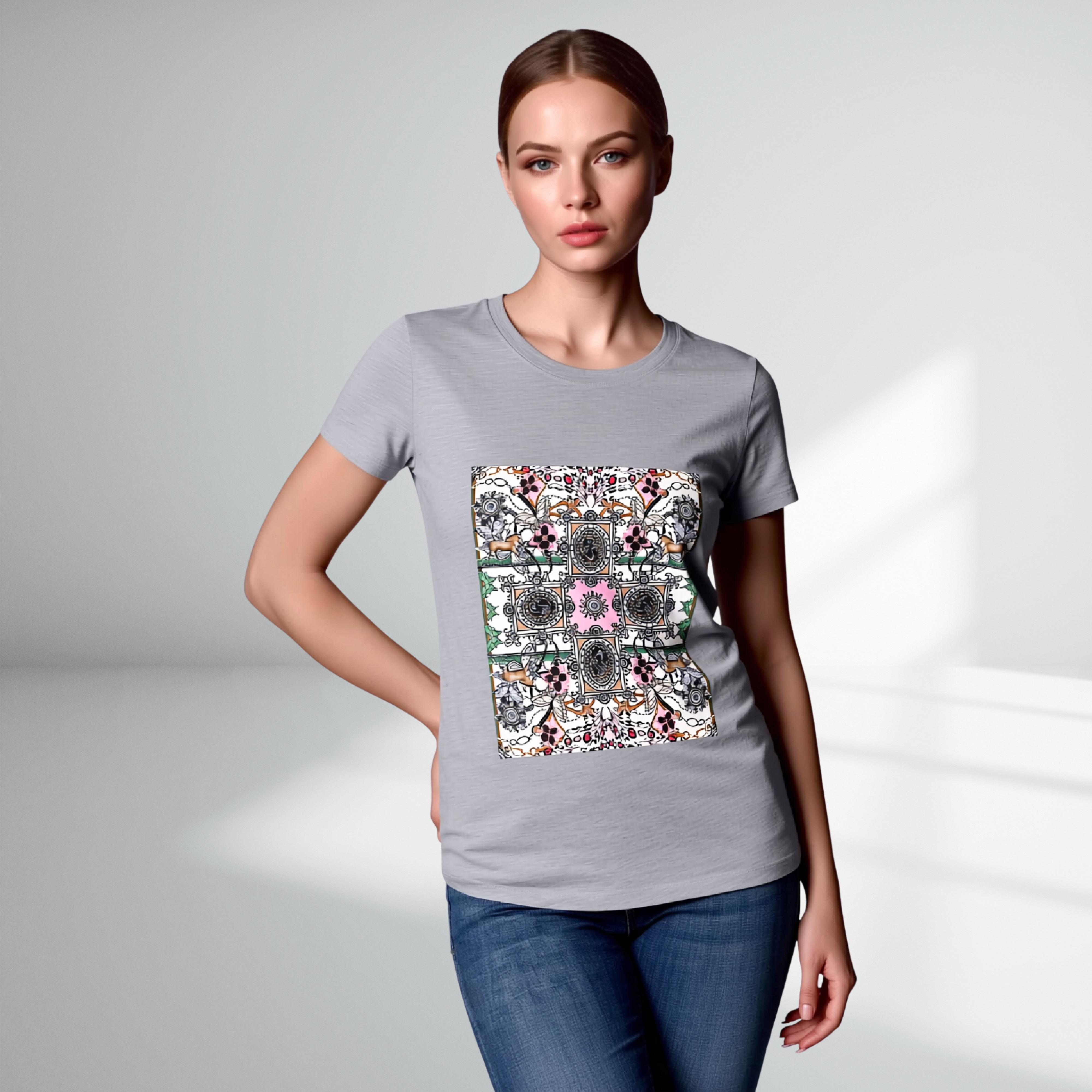 Women's Casual Triblend Tee in Pink quadrant print