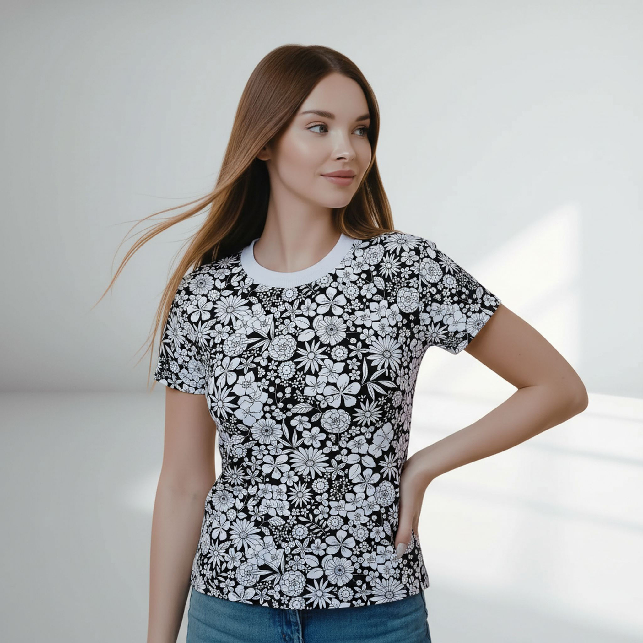 Black and white daisy floral women t-shirt