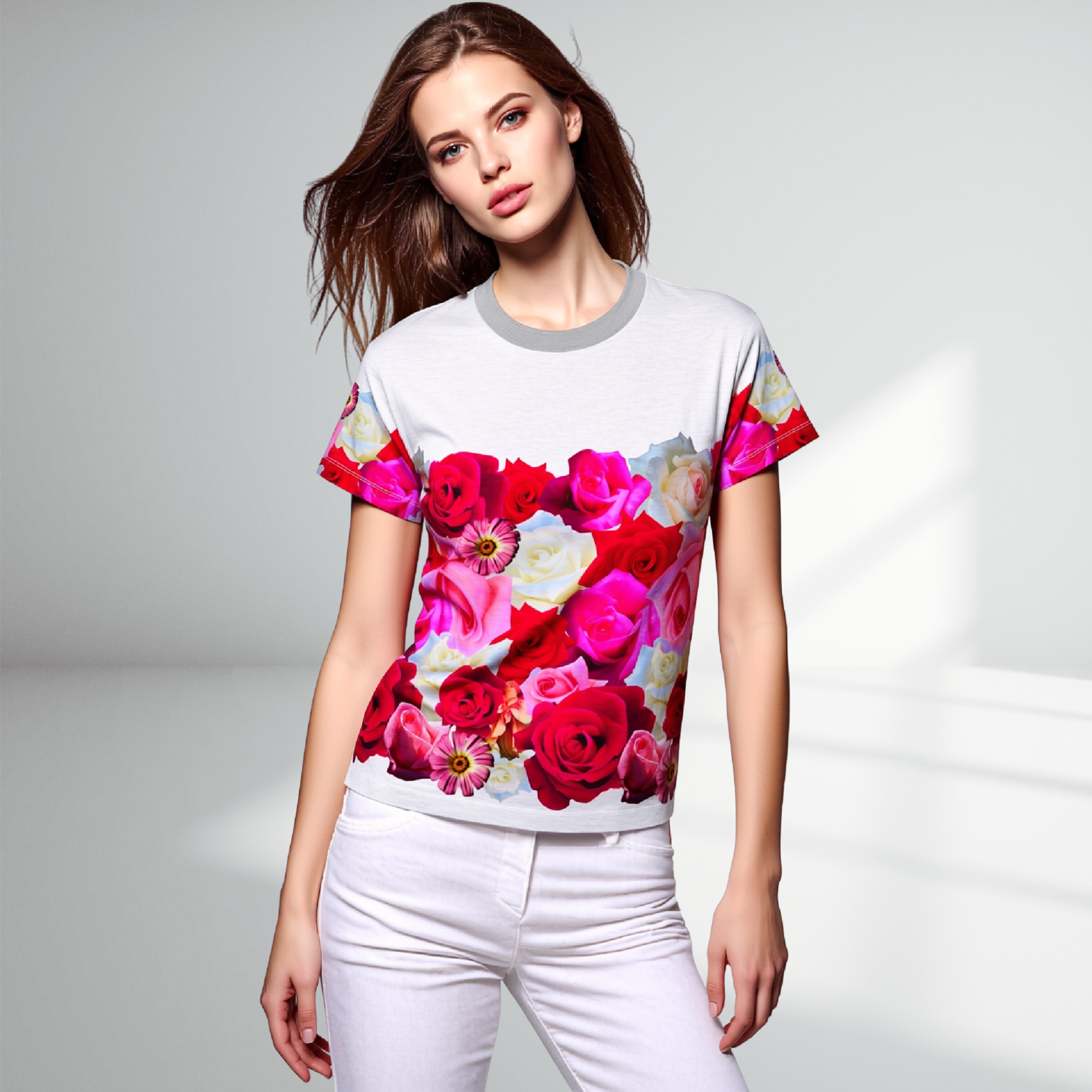 women's smart casual t-shirt in floral rose garden motive