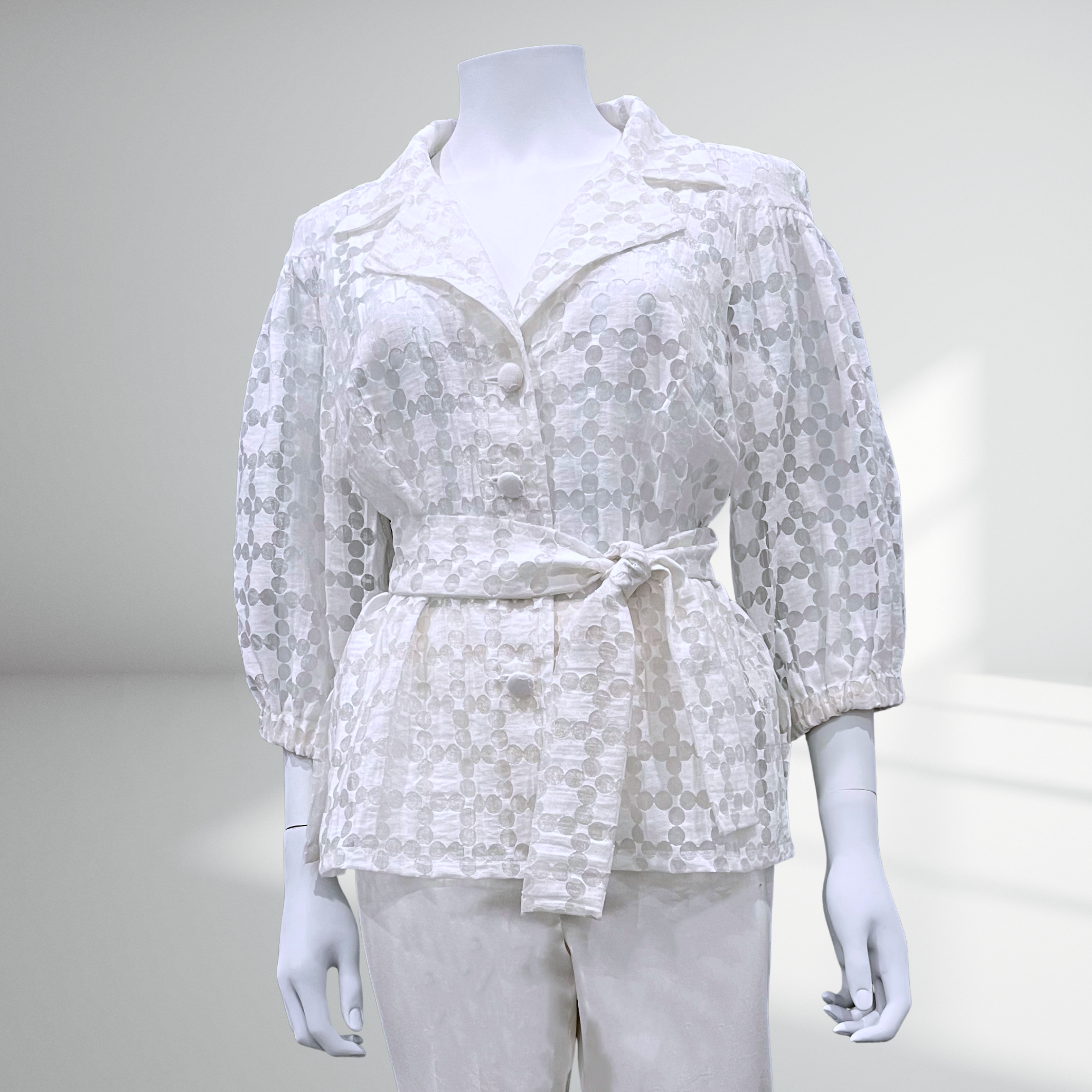 Smart casual wide lapel shirt in spot organza with gathered sleeve: Tamara Top