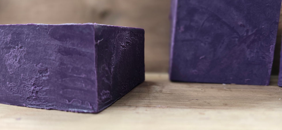 Eye-level view of lavender flowers next to a soap bar
