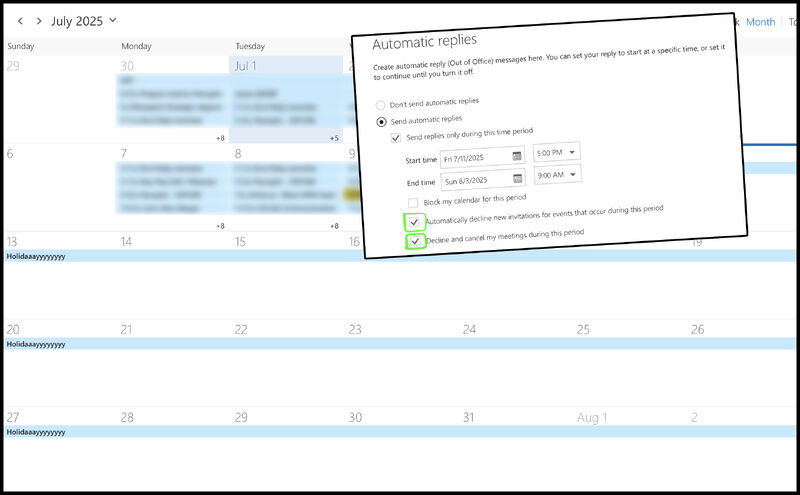 erik collard linkedin Outlook calendar settings showing automatic meeting cancellation during holiday absence period
