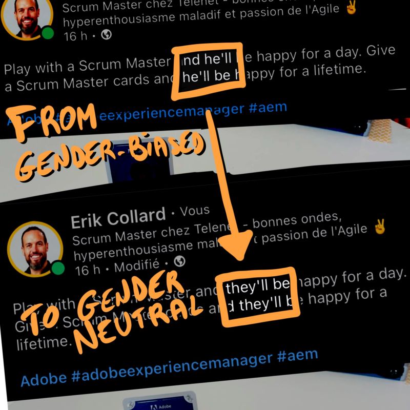 erik collard linkedin post about learning gender-neutral writing habits and self-awareness in language choices