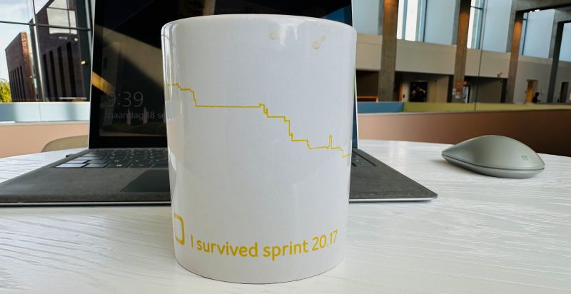 erik collard linkedin mug with 'I survived Sprint 20.17' text and burndown chart design