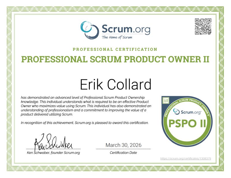 erik collard linkedin Professional Scrum Product Owner II PSPO II certification achievement announcement
