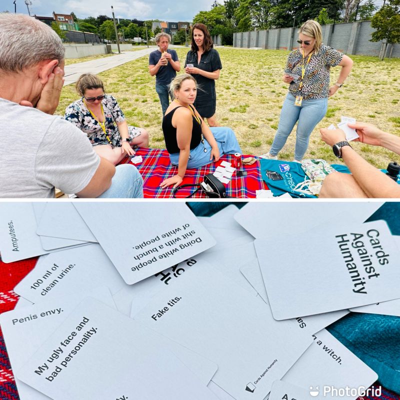 erik collard linkedin Scrum team playing Cards Against Humanity at outdoor lunch picnic
