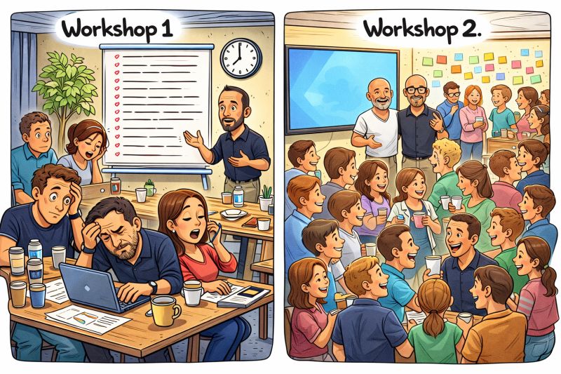 erik collard linkedin Workshop comparison diagram showing 9 vs 25 person team outcomes