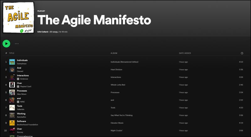 erik collard linkedin Agile Manifesto as Spotify playlist with song tracklist
