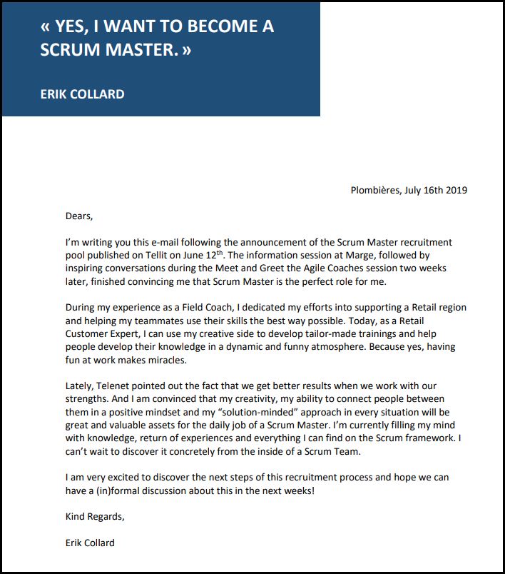 erik collard linkedin screenshot of an email sent five years ago applying for a Scrum Master position at Telenet group