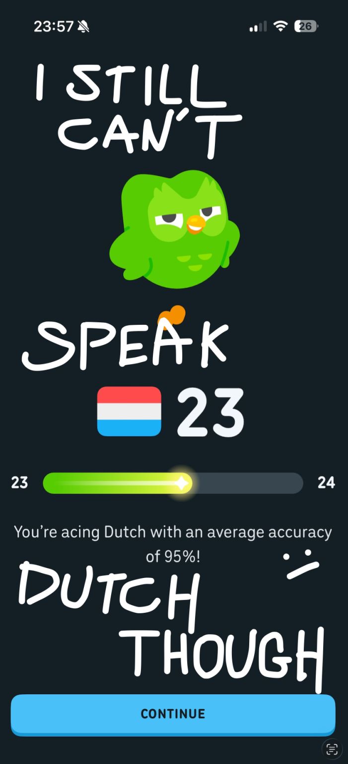 erik collard linkedin Duolingo streak counter showing 372-day streak at level 23