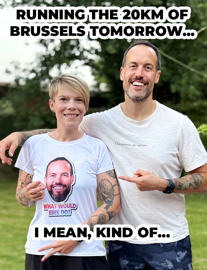 erik collard linkedin friend Christine running 20km Brussels race with face t-shirt