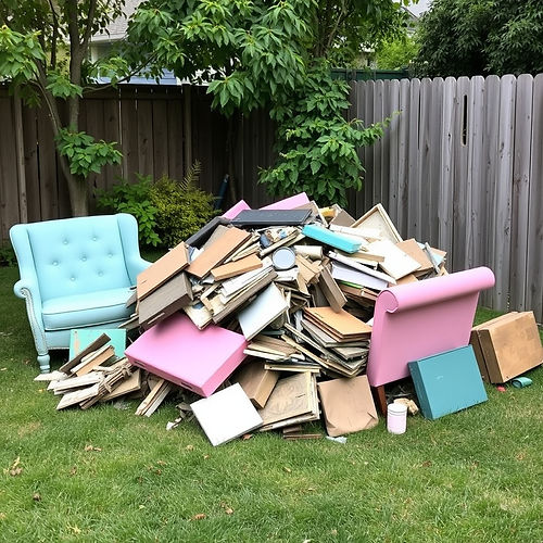 make a small pile of trash with furniture ripped gross and junk using pastel pink and teal