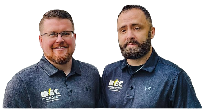Brian and Jonathan, owners of Mosteller Electrical Contractors (MEC), standing together as experienced licensed electrical contractors, leading commercial, industrial, and residential electrical projects for businesses and homeowners throughout Hickory, Lenoir, and Morganton, NC areas.